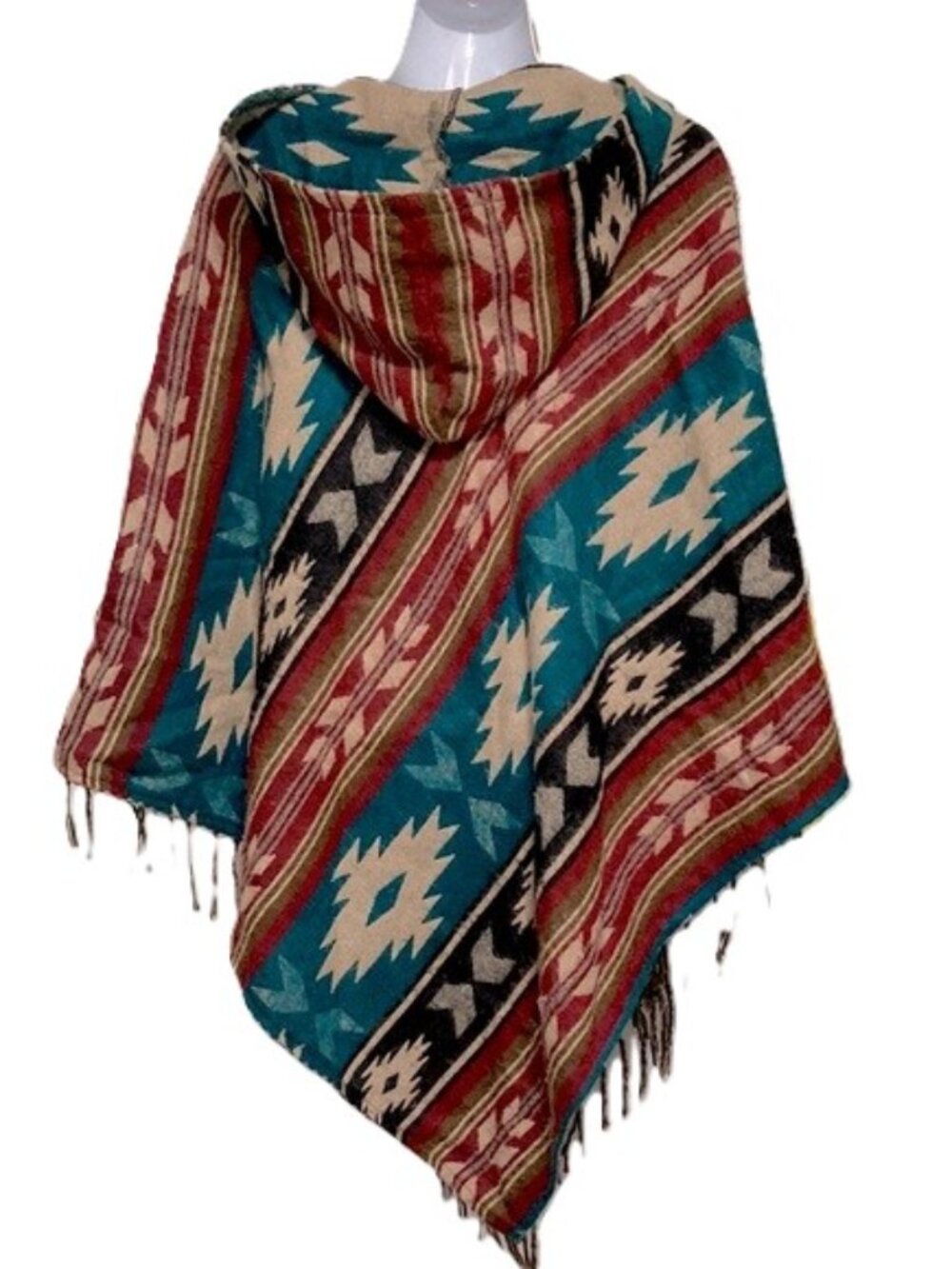 HAND LOOMED Wool Hooded Poncho with Fringe Nepal Boho Bohemian 30 x 30 inches